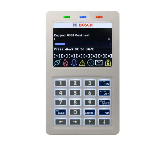 BOSCH，Solution 6000，带集成 Wifi IP 模块的键盘（仅限 2.5Ghz），3.5 英寸字母数字彩色 LCD，白色，按键音和背光按键，调节音量、背光和对比度，适合 Solution 6000 面板