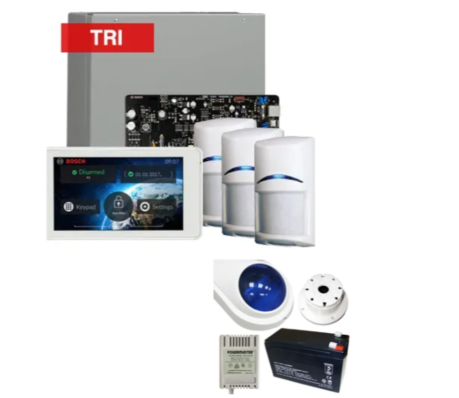 Bosch Solution 4000 Alarm Kit with ICP-SOL4-P Panel, IUI-SOL-TS5 Touchscreen Keypad, 3x ISC-BDL2-WP12G Tri-Tech Motion Detectors & Siren Kit – K4000-3TRI-TS5