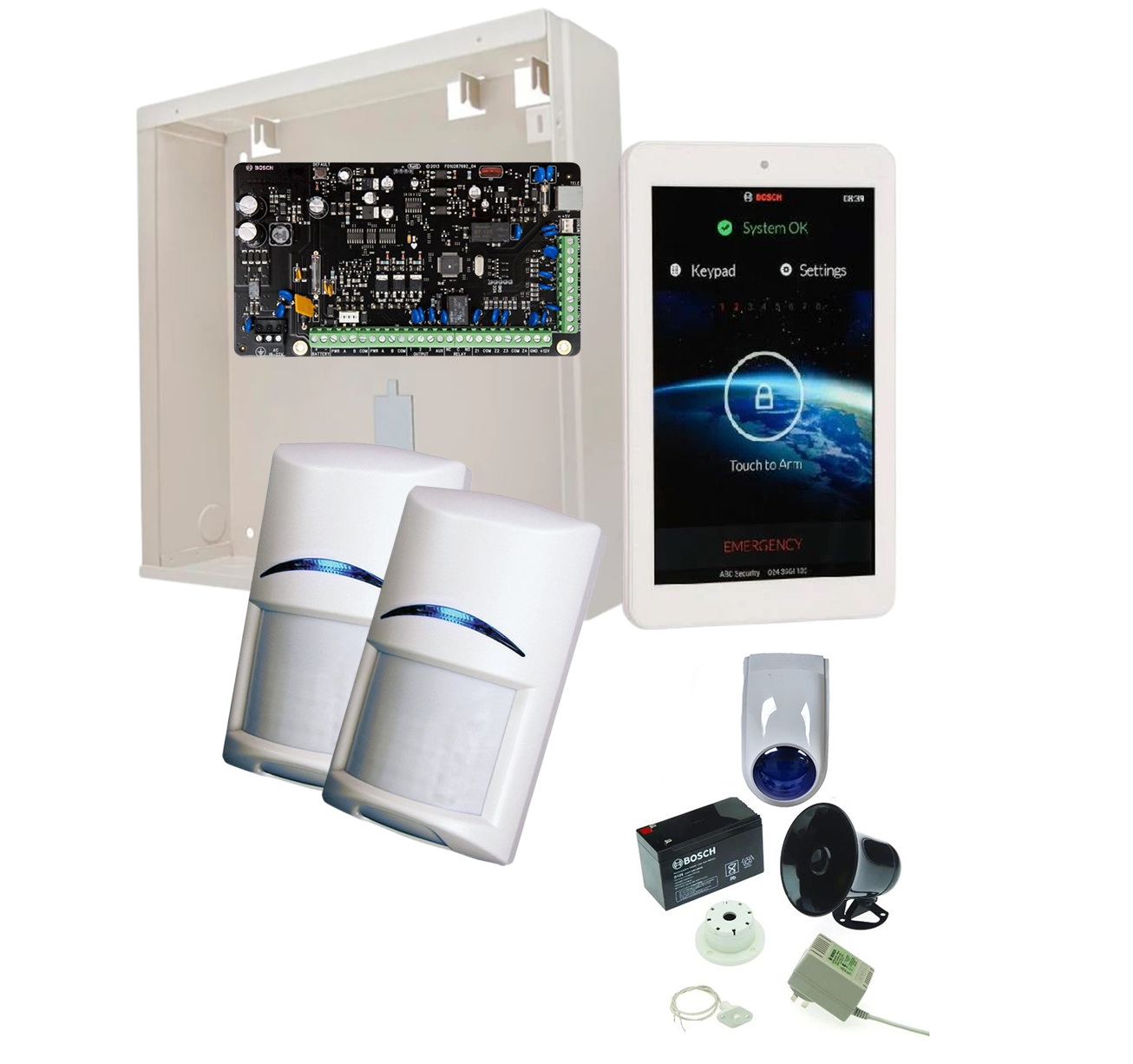 BOSCH, Solution 2000, Alarm kit, Includes ICP-SOL2-P panel, 7" Touchscreen keypad, 2x PIR detectors