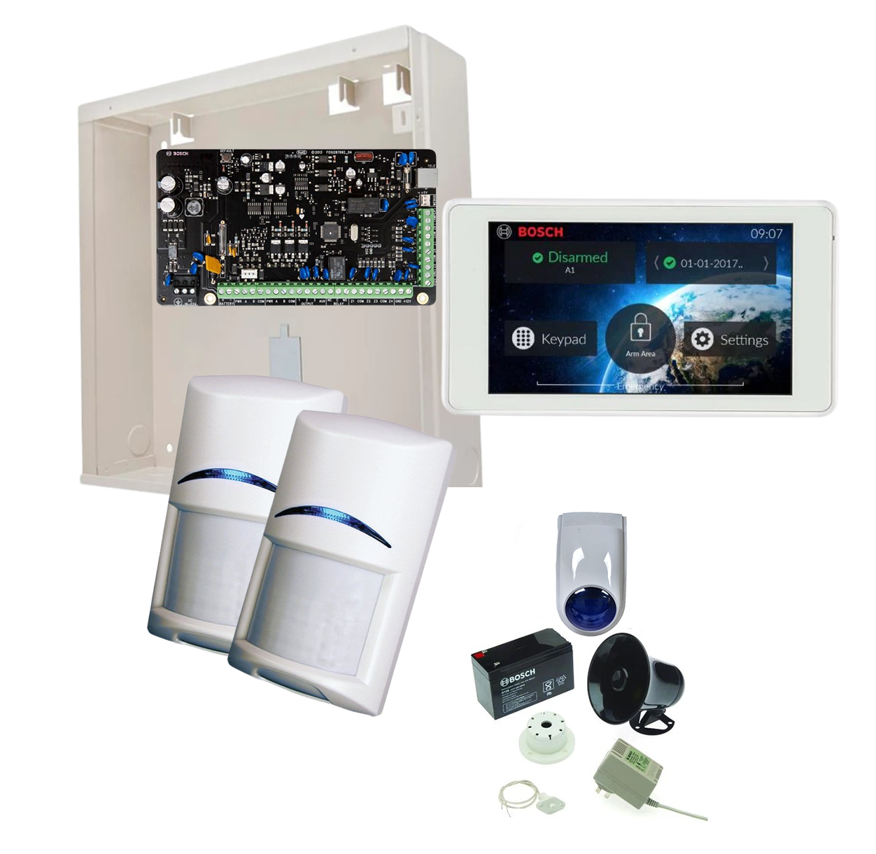 BOSCH, Solution 2000, Alarm kit, With ICP-SOL2-P panel, 5" Touchscreen keypad, 2x PIR detectors