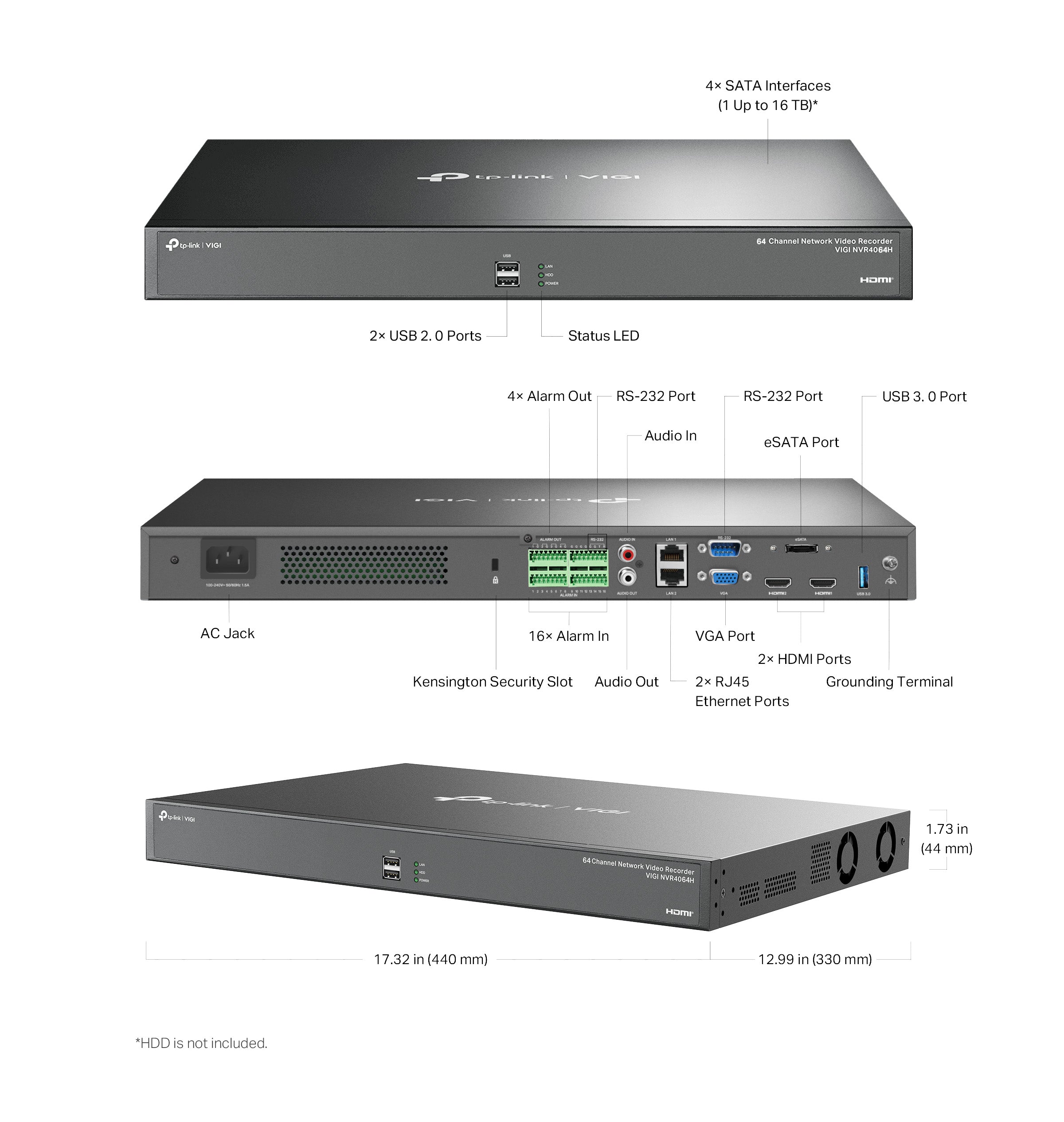 TP-Link VIGI NVR4064H | 64‑Channel 4K Network Video Recorder with 4× SATA (Up to 16 TB Each), H.265+ Compression, Remote Monitoring no PoE