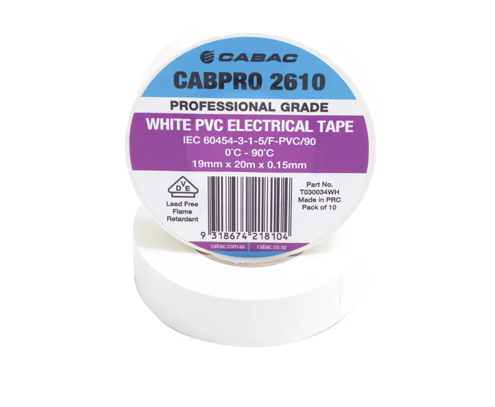 CABAC T030034WH CABPRO PVC TAPE 2610 - WHITE 19MM X 20M