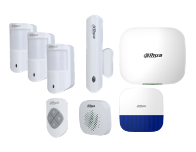 DAHUA wireless alarm kit includes 1 x panel 3 x pir (dahi9969) 1 x door reed (dahi9986) 1 x 4 button key fob/remote (dahi9971) 1 x outdoor siren (dahi9960) 1 x indoor siren (dahi9959)