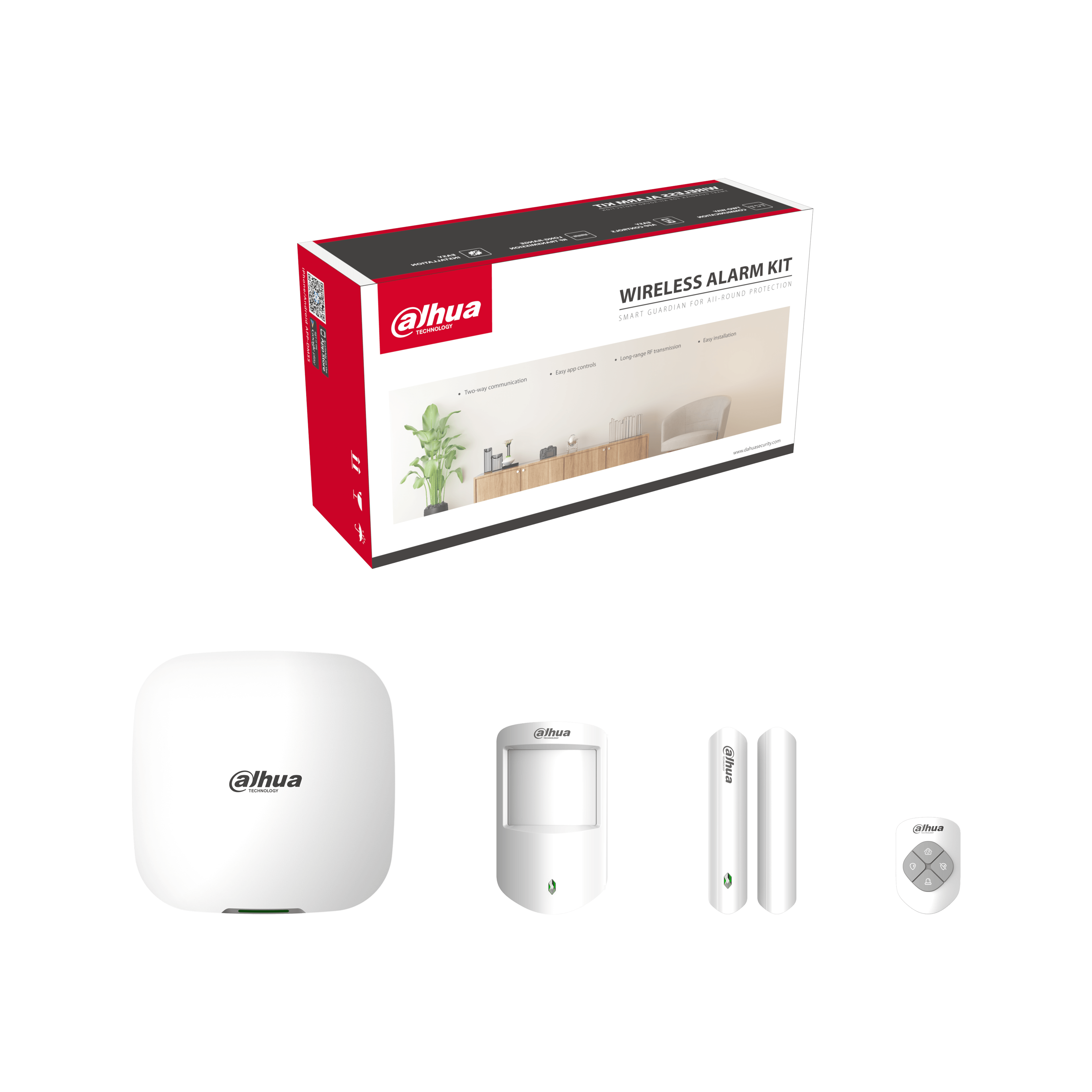 DAHUA DHI-ART-ARC3000H-03-FW2 wireless alarm kit includes 1 x panel with wifi + 4g + lan (dual sim) 1 x pir 1 x door contact 1 x key fob all with batteries