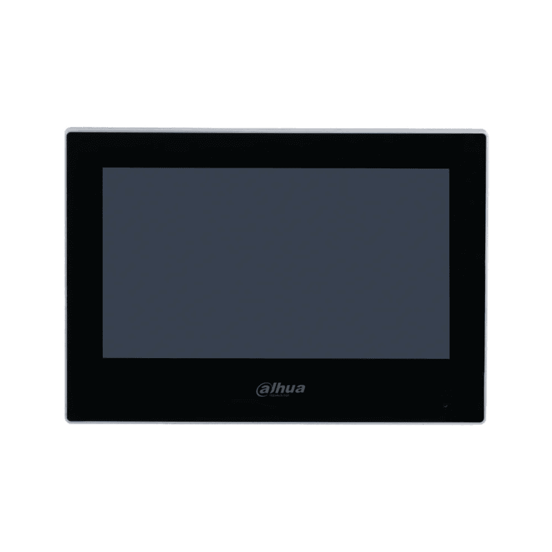 Dahua DHI-VTH2621G-P black 7-inch IP indoor monitor with touchscreen, two-way audio, PoE, and alarm inputs for video intercom.