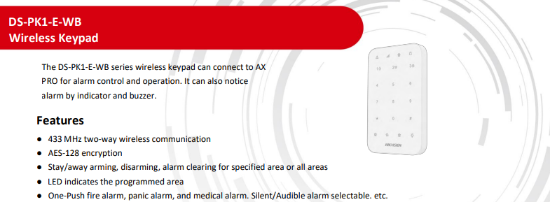 Hikvision AX PRO Series DS-PK1-E-WB Wireless Keypad