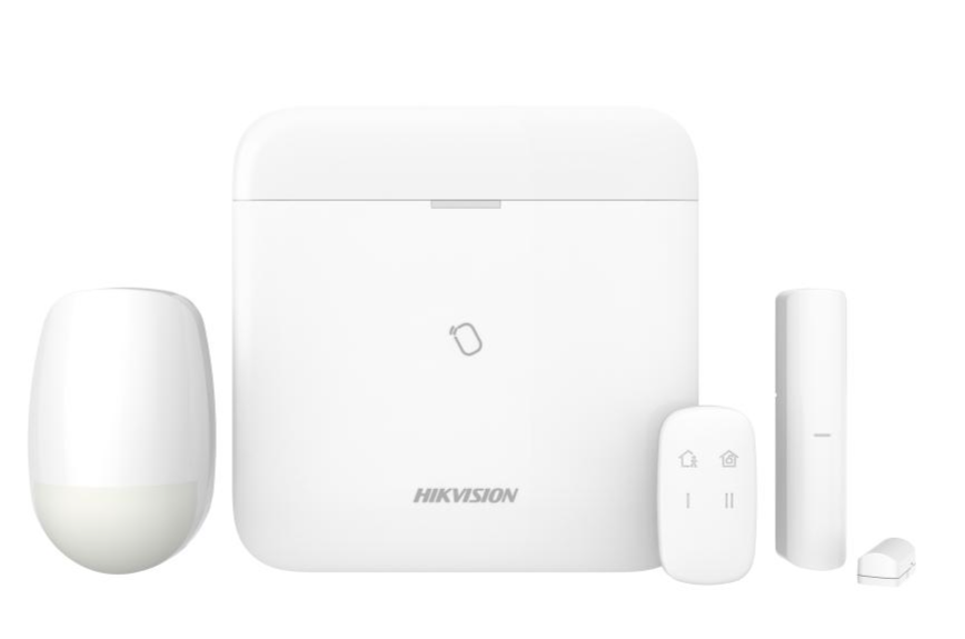 Hikvision DS-PWA96-Kit-WB wireless alarm security kit with 96 zones, PIR sensor, keyfob, magnetic contact, Wi-Fi, and 4G connectivity.