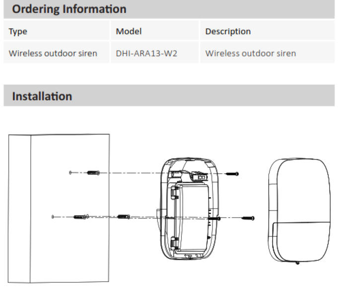 DAHUA DHI-ARA13-W2 wireless outdoor siren wall mounted 433mhz 4 x cr123a batteries (12v) 12vdc ip65