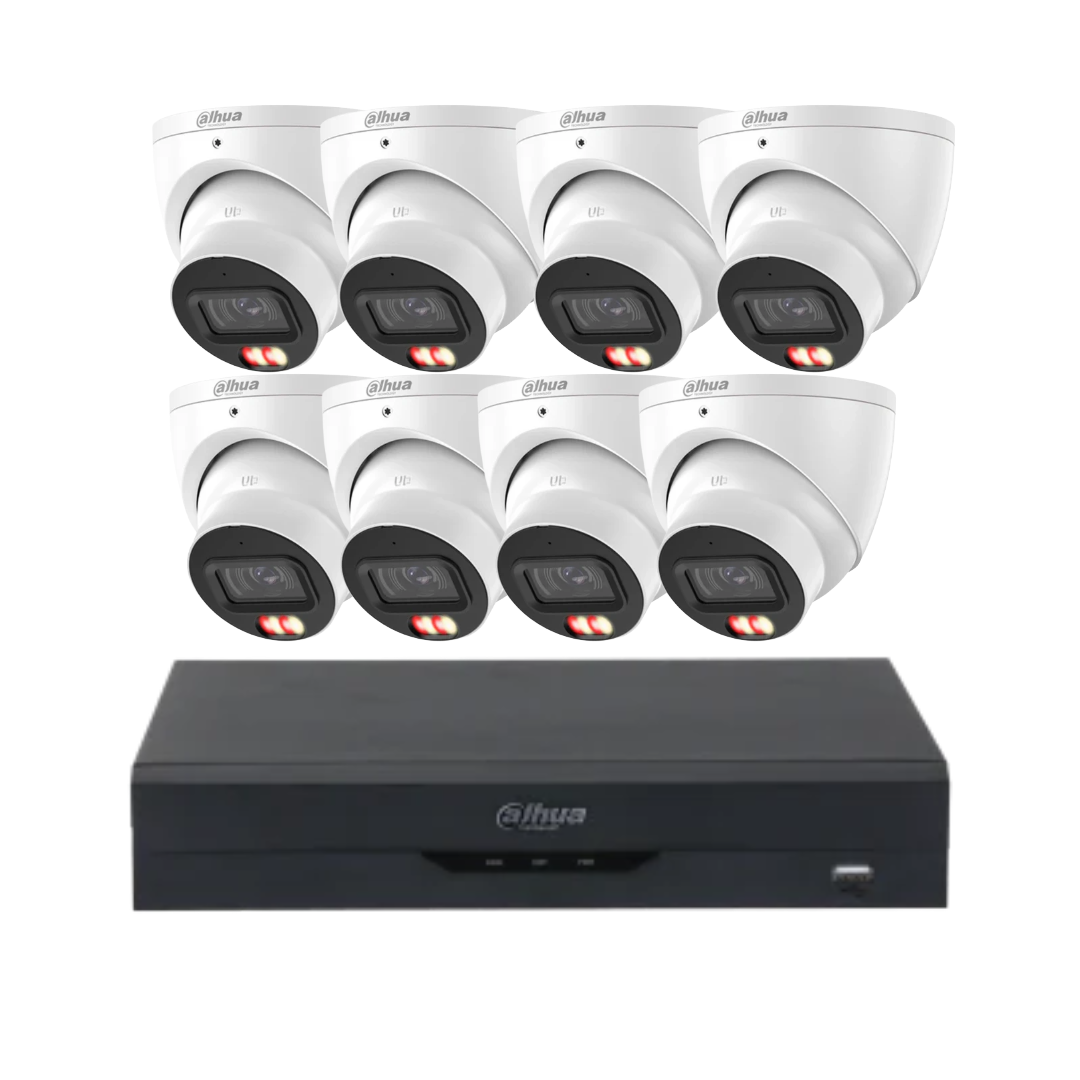 Dahua 8-channel AI security system with 6MP WizSense turret cameras, NVR, and surveillance HDD for CCTV monitoring.