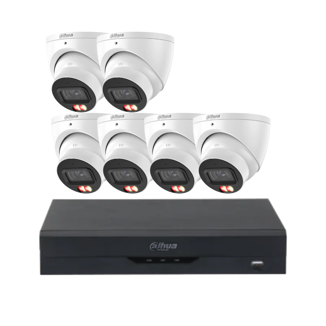Dahua 8-channel AI security system with 6MP WizSense turret cameras, NVR4108, and surveillance HDD for CCTV monitoring.