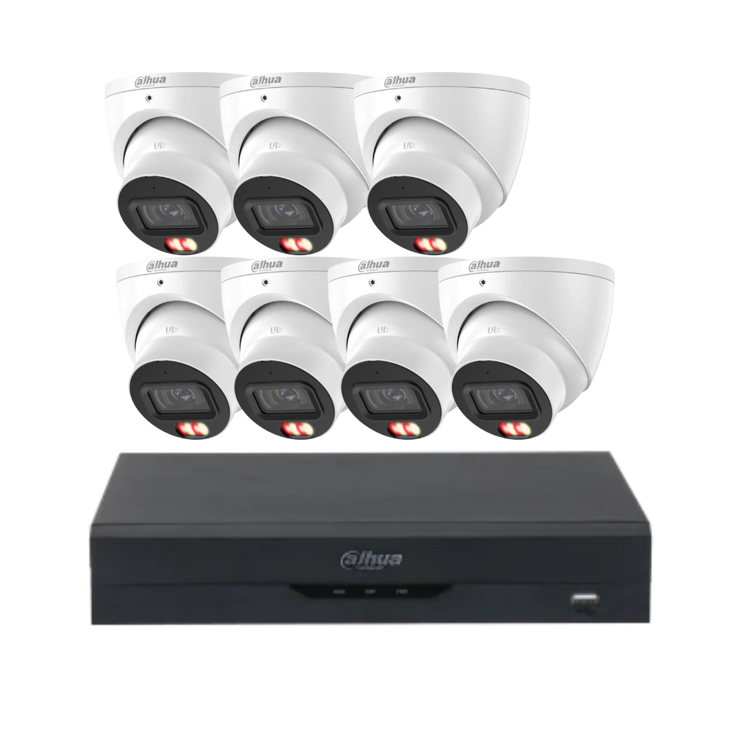 Dahua 8 channel AI security system with 6MP WizSense turret cameras, NVR4108, and surveillance HDD for home or business security.