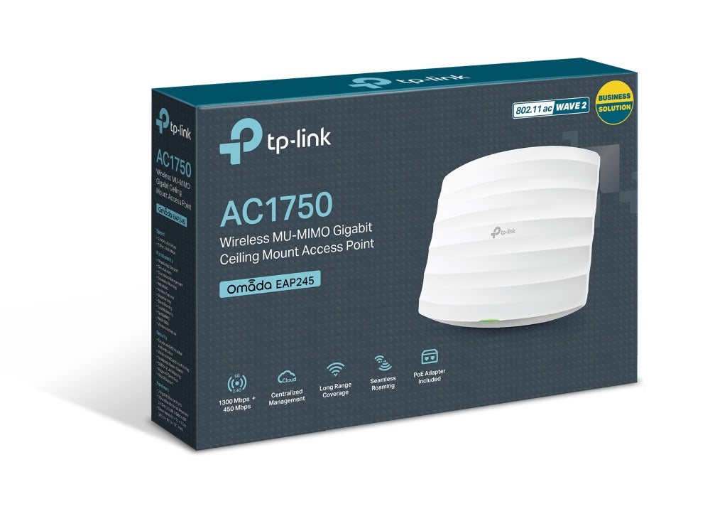 TP-Link EAP245 AC1750 Wireless MU-MIMO Ceiling Mount Access Point – Dual-Band 1750 Mbps, PoE Support, Omada SDN Cloud Management, Seamless Roaming | SKU: EAP245