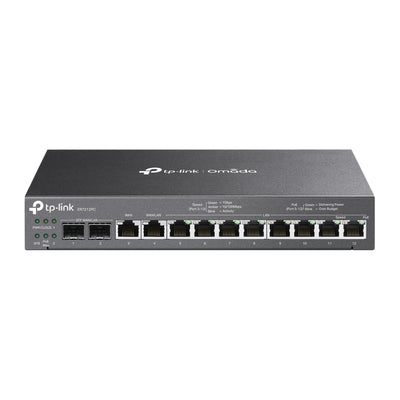 TP-Link ER7212PC Omada 3-in-1 gigabit VPN gateway with integrated PoE switch and router, shown with connected network cables.
