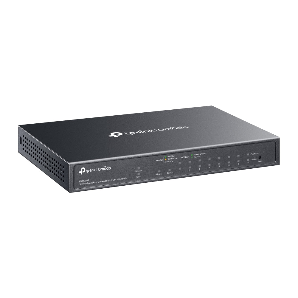 TP-Link Omada ES210GMP 10-Port Gigabit Easy Managed Switch with 8-Port PoE+ | Compact, Fanless, 123W PoE Budget, Omada Cloud Management
