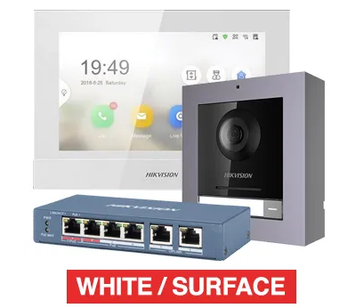 HIKVISION IP Intercom Kit Includes (1x DS-KH6320-WTE1 7" room station, 1x DS-KD8003-IME1 door station module, 1x DS-KD-ACF1/PLASTIC flush mount backbox/frame & 1x DS-3E0106HP-E POE switch)