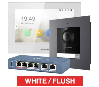 HIKVISION IP Intercom Kit Includes (1x DS-KH6320-WTE1 7" room station, 1x DS-KD8003-IME1 door station module, 1x DS-KD-ACF1/PLASTIC flush mount backbox/frame & 1x DS-3E0106HP-E POE switch)