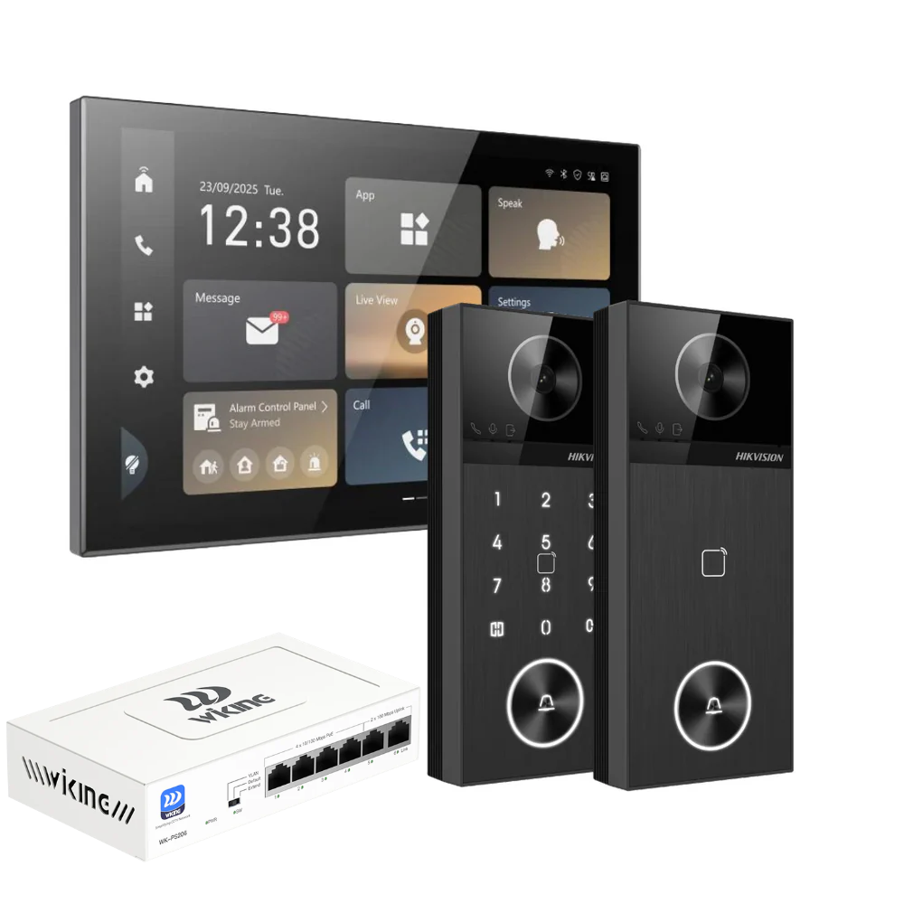 Hikvision 10.1-inch Android video intercom kit with indoor station, villa door station, and PoE switch for smart access.
