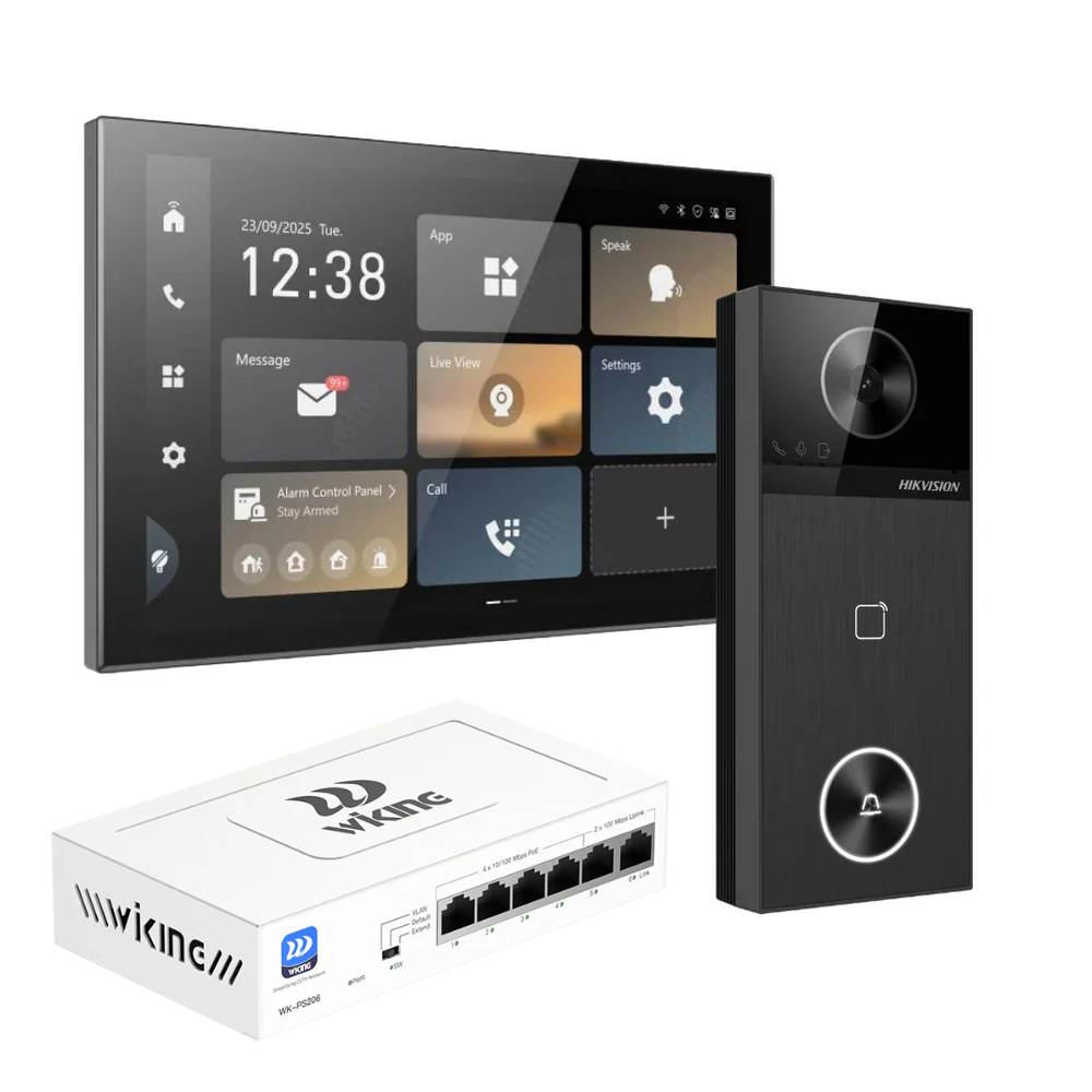 Hikvision 10.1-inch Android video intercom kit with indoor station, villa door station, and PoE switch, featuring Wi-Fi 6 and smart access