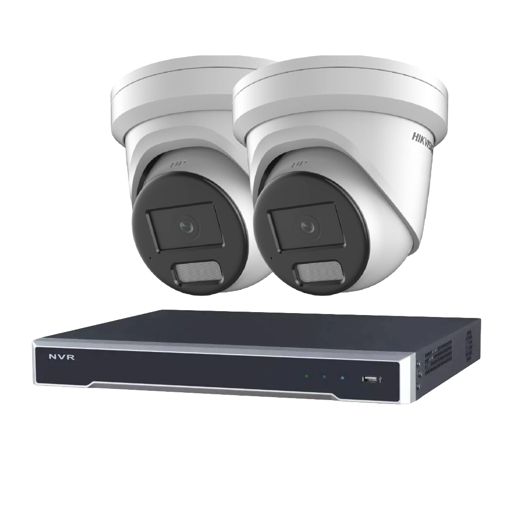 Hikvision 4-channel 8MP AcuSense CCTV kit with NVR and two turret cameras featuring PoE and AI analytics for security.
