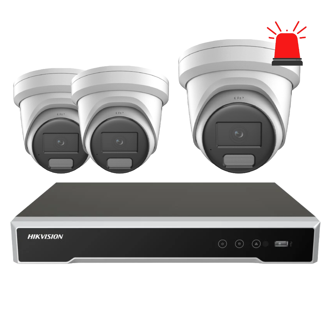 Hikvision 6MP AI CCTV security kit with two turret cameras, active deterrent, DarkFighter technology, and NVR DS-7604NI-M1/4P