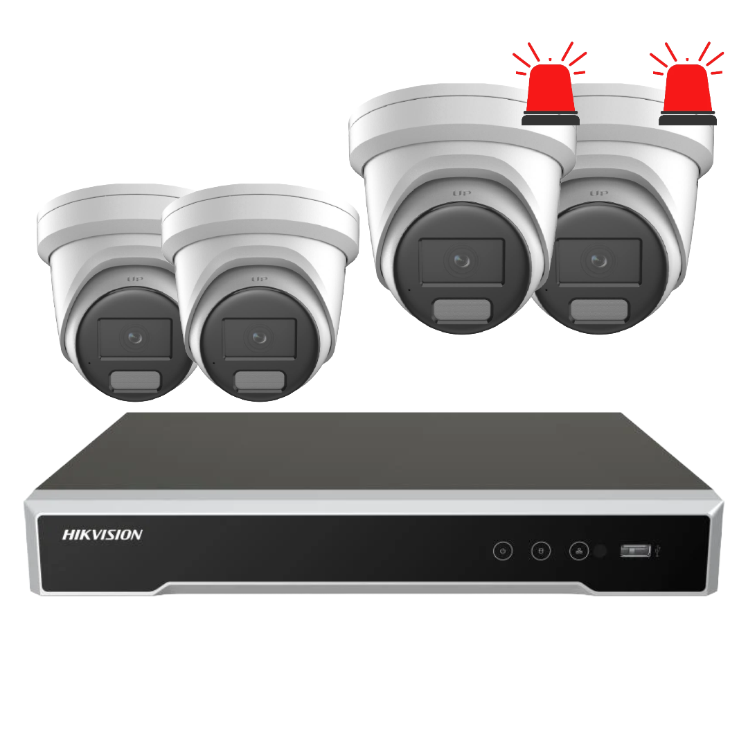 Hikvision 4-camera 6MP AI CCTV security kit with DarkFighter and Active Deterrent cameras, including DS-7604NI-M1/4P NVR.