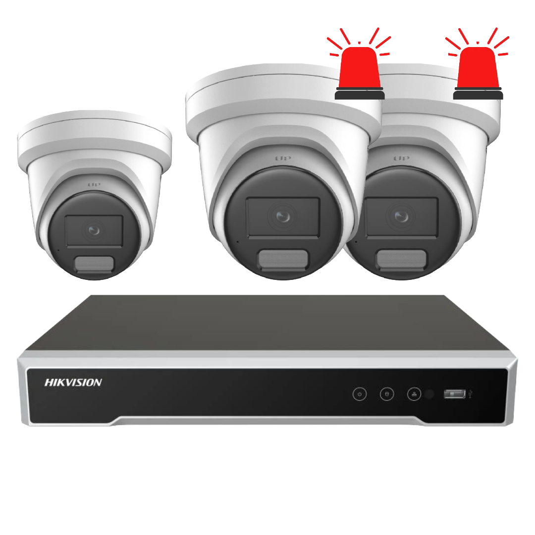 Hikvision 4-camera 6MP AI CCTV security kit with active deterrent and DarkFighter turret cameras, includes DS-7604NI-M1/4P NVR system