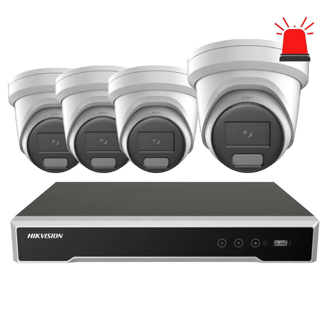 Hikvision 6MP AI CCTV security kit with four active deterrent DarkFighter turret cameras and DS-7604NI-M1/4P NVR system