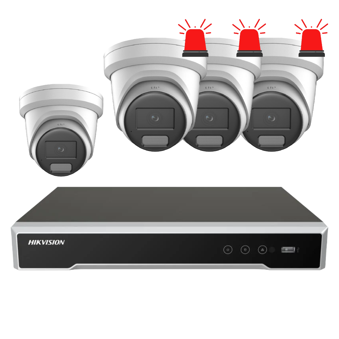 Hikvision 4-camera 6MP AI CCTV security kit with DarkFighter and active deterrent cameras, including DS-7604NI-M1/4P NVR.