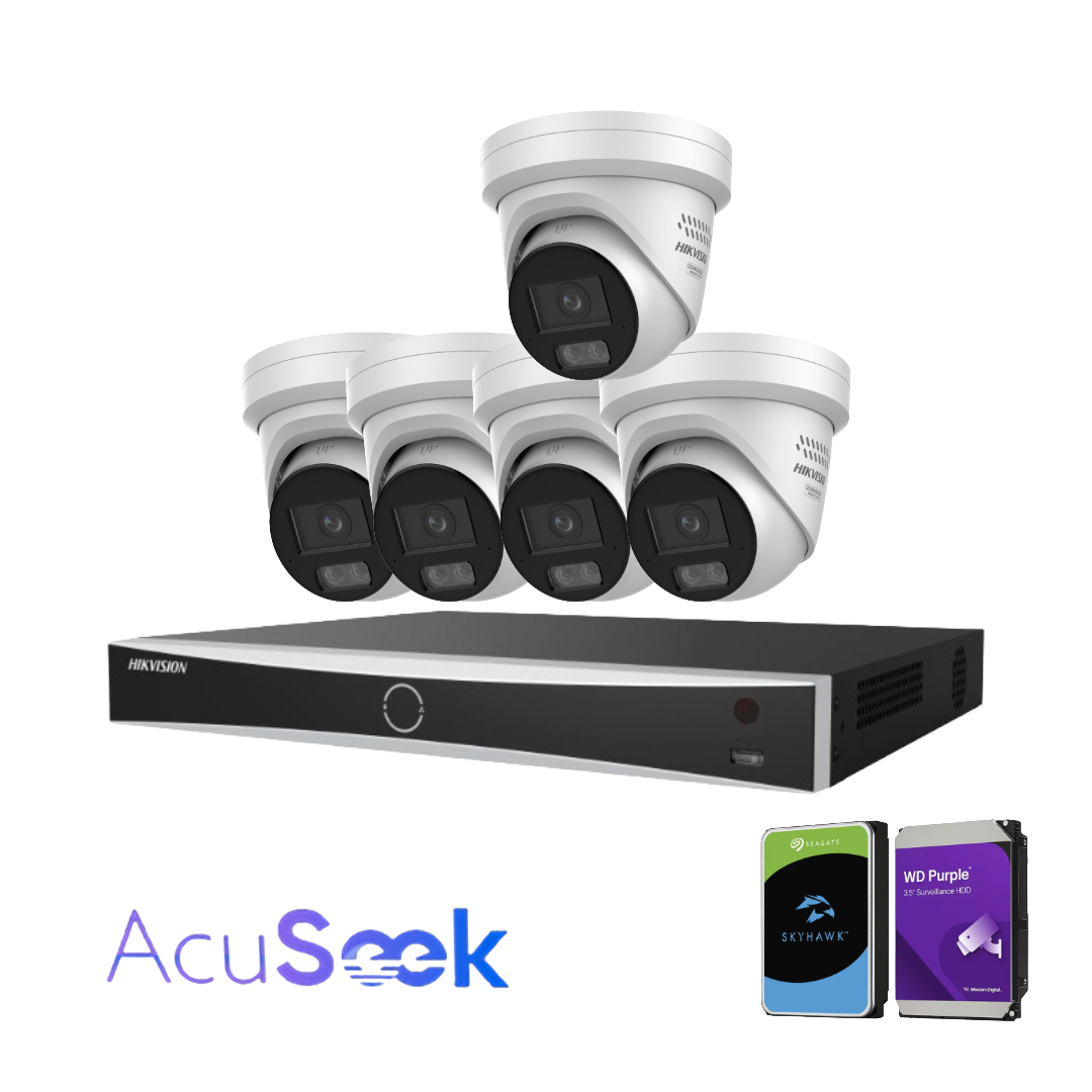 Hikvision AcuSeek 8‑Channel Security Kit Upto x8 6MP DS‑2CD2367G3‑LIS2UY/S(L)(RB) ColorVu Cameras + 8‑Port VPRO Series NVR (HIK‑7608PVPRO) – AcuSearch & AcuSeek AI Analytics, PoE, Optional HDD