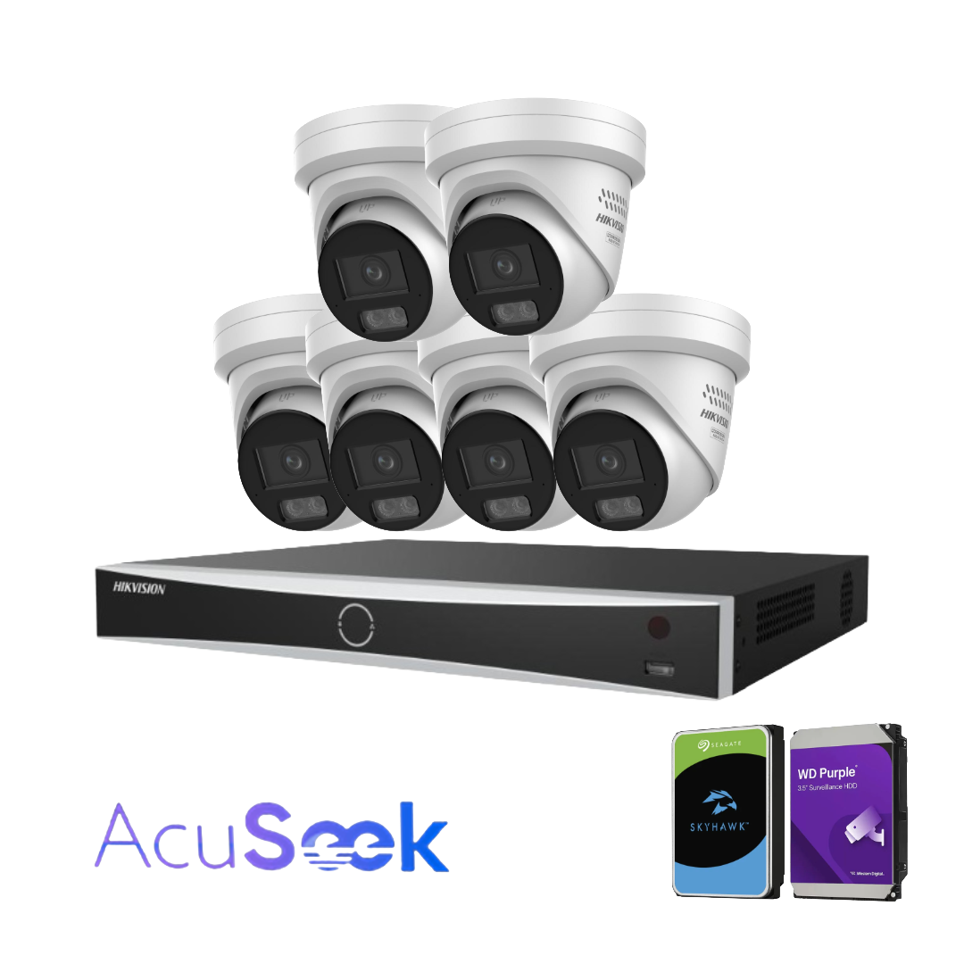 Hikvision AcuSeek 8‑Channel Security Kit Upto x8 6MP DS‑2CD2367G3‑LIS2UY/S(L)(RB) ColorVu Cameras + 8‑Port VPRO Series NVR (HIK‑7608PVPRO) – AcuSearch & AcuSeek AI Analytics, PoE, Optional HDD
