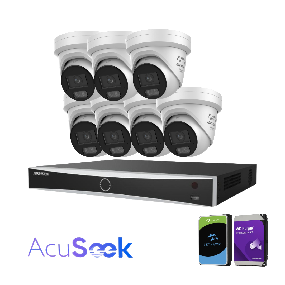 Hikvision AcuSeek 8‑Channel Security Kit Upto x8 6MP DS‑2CD2367G3‑LIS2UY/S(L)(RB) ColorVu Cameras + 8‑Port VPRO Series NVR (HIK‑7608PVPRO) – AcuSearch & AcuSeek AI Analytics, PoE, Optional HDD