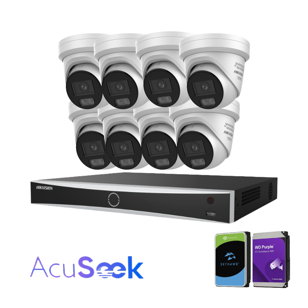Hikvision AcuSeek 8‑Channel Security Kit Upto x8 6MP DS‑2CD2367G3‑LIS2UY/S(L)(RB) ColorVu Cameras + 8‑Port VPRO Series NVR (HIK‑7608PVPRO) – AcuSearch & AcuSeek AI Analytics, PoE, Optional HDD