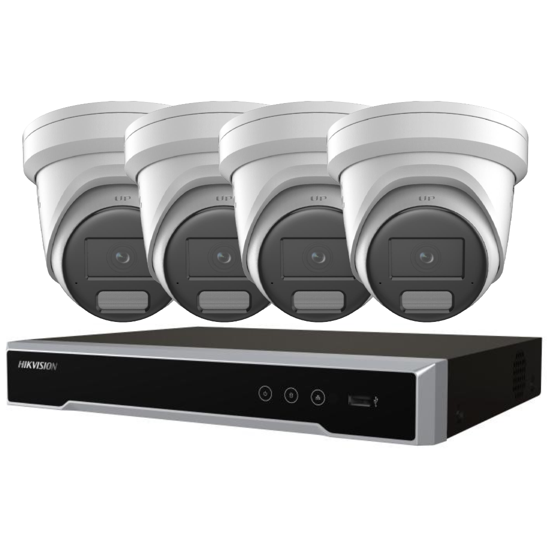 Hikvision Up to 4 Camera 6MP AcuSense LiveGuard CCTV Kit – DS-2CD2366G2H-IS2U/SL 2.8mm Turret Cameras + DS-7604NI-M1/4P 4 Channel PoE NVR, H.265+, IP67, HDMI/VGA, Optional HDD