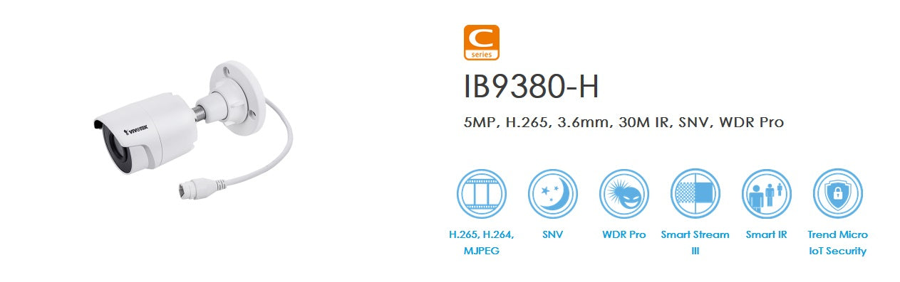 VIVOTEK IB9380-H 5MP Fixed Bullet IP Camera – H.265, Smart IR, 30M Night Vision, IP66, IK10, WDR Pro
