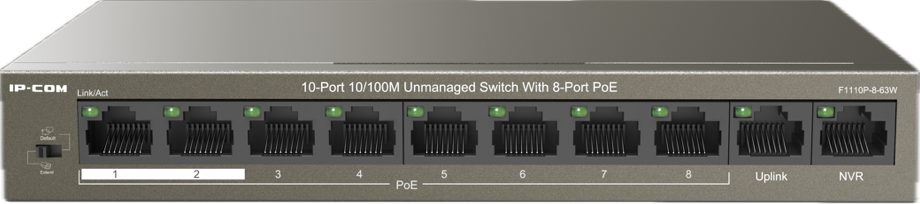 IP-COM 8-Port PoE+ Switch | 63W Total Capacity | 2x 100M Uplink | L2 Unmanaged | 51VDC | Brown