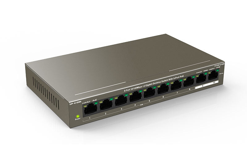 IP-COM 8-Port PoE+ Switch | 63W Total Capacity | 2x 100M Uplink | L2 Unmanaged | 51VDC | Brown