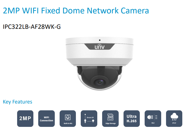 Uniview Easy Series 2MP Wireless Dome IP Camera - IPC322LB-AF28WK-G