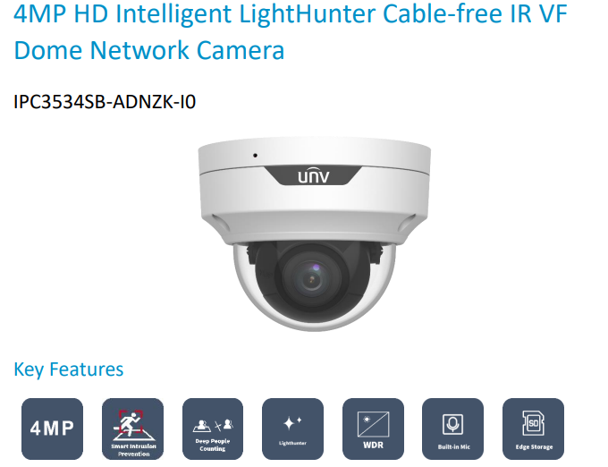 UNIVIEW PRIME-I SERIES IPC3534SB-ADNZK-I0 4MP People Counting Dome IP CCTV Camera