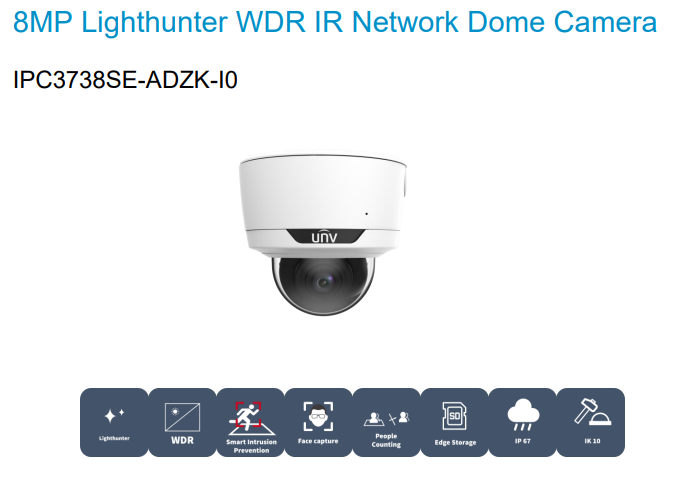 Uniview PRIME-III Series 8MP People Count IP Dome CCTV Camera - IPC3738SE-ADZK-I0