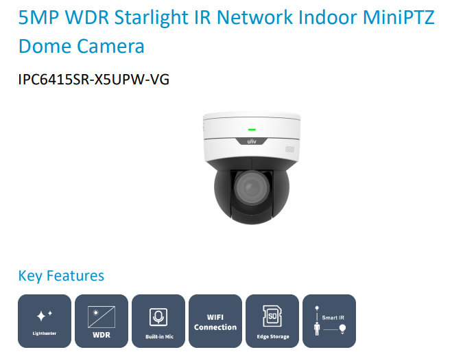 Uniview Easy Series 5MP Mini PTZ IP Camera (Model: IPC6415SR-X5UPW-VG)