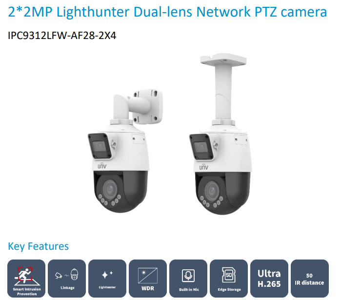 Uniview Easy Series 2x2MP Dual-Lens PTZ IP Camera (Model: IPC9312LFW-AF28-2X4)