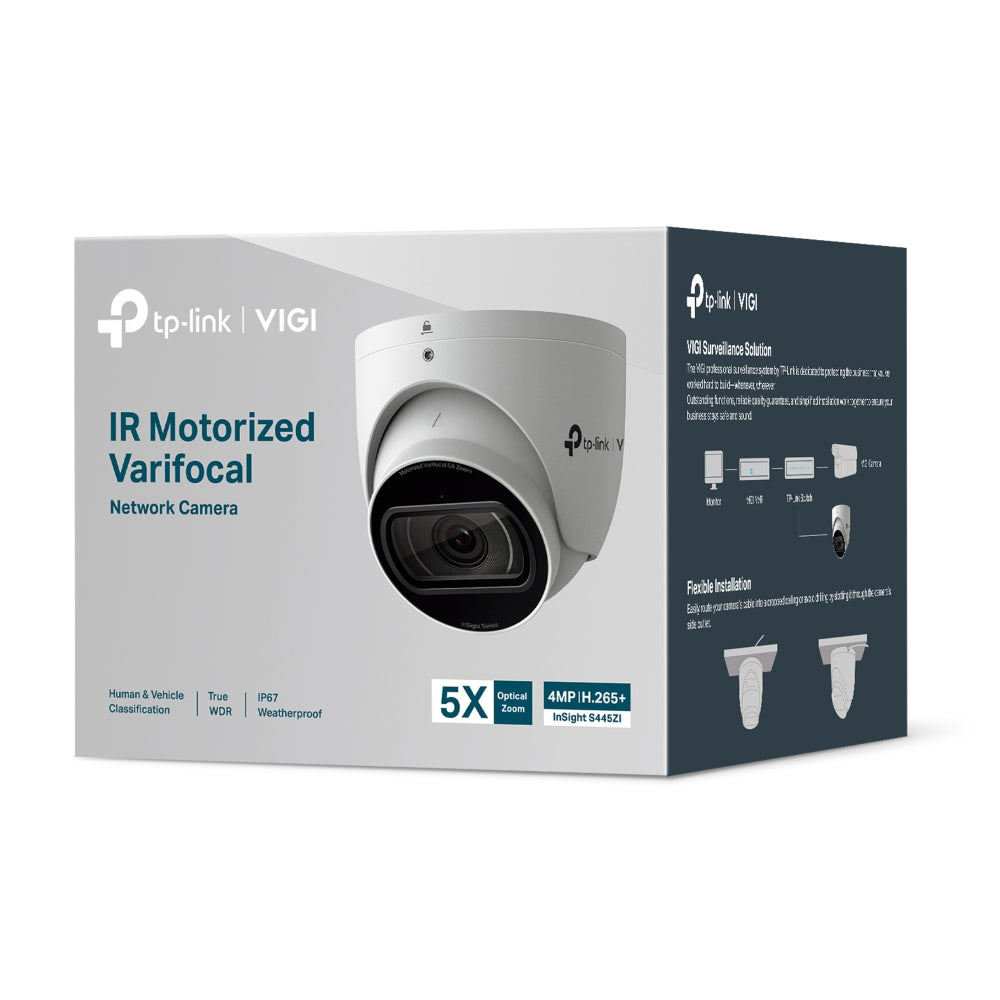TP-Link VIGI InSight S445ZI 4MP IR motorized turret network camera with 5X optical zoom, IP67 weatherproof, and PoE connectivity.