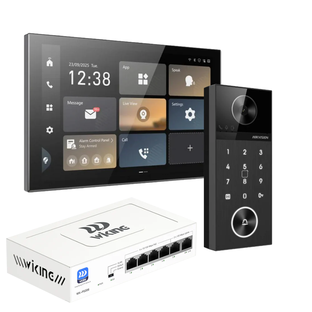 Hikvision 10.1" Android video intercom indoor station with door station and PoE switch for smart home access and Wi-Fi 6 connectivity