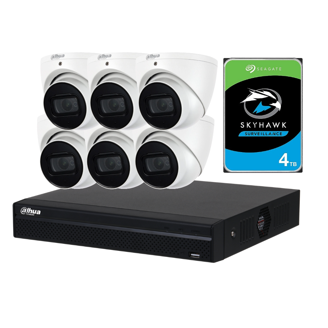 Dahua KIT-N4108-4T/6-IPC-HDW2541 6-Camera 5MP WizSense CCTV Kit – DHU7469 2.8mm Turret Cameras + 8CH NVR (DHU7278) with 4TB HDD, PoE, AI Smart Detection