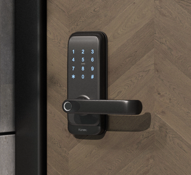 KONEC KLI-H15B-YB-AP H15B Zigbee Smart Lock – Fire Rated, Black Aluminium Alloy, Fingerprint, PIN, Access Fob, App Control, Key Override, IP55