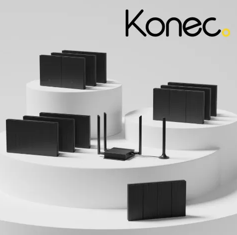 KONEC Core Kit Black – 10x Brushed Metal Black / Glass White Smart Wall Switches & Smart Gateway – KONEC-CORE-KIT-BL