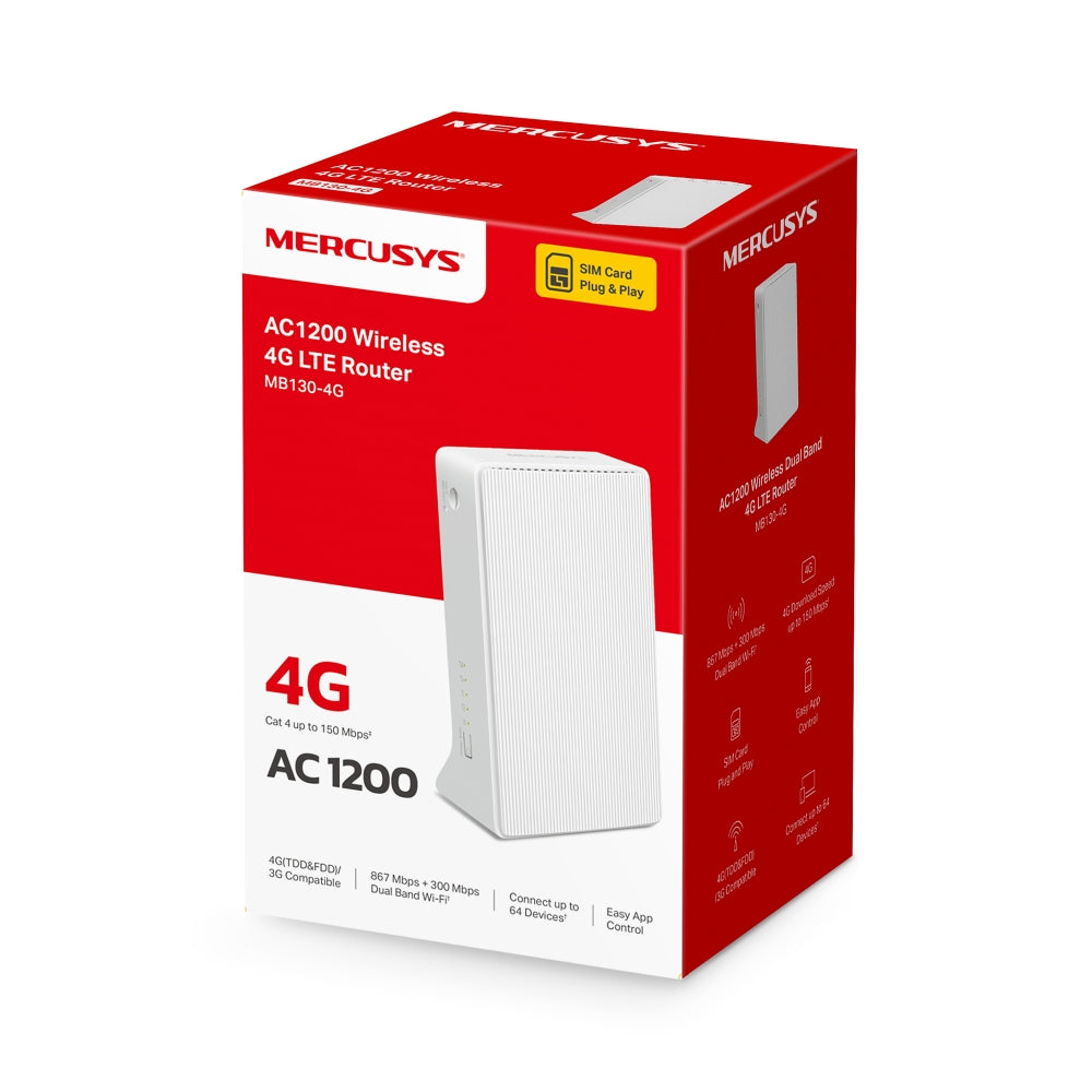 MB130-4G | AC1200 Wireless Dual Band 4G LTE Router with SIM Slot and External Antenna Support | Up to 150 Mbps LTE | 32 Devices | MERCUSYS