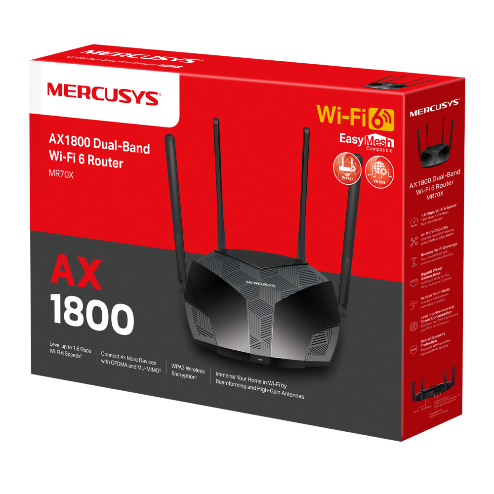 MERCUSYS MR70X AX1800 Dual-Band WiFi 6 Router | 1.8 Gbps Speed, EasyMesh, OFDMA, MU-MIMO, WPA3 Security