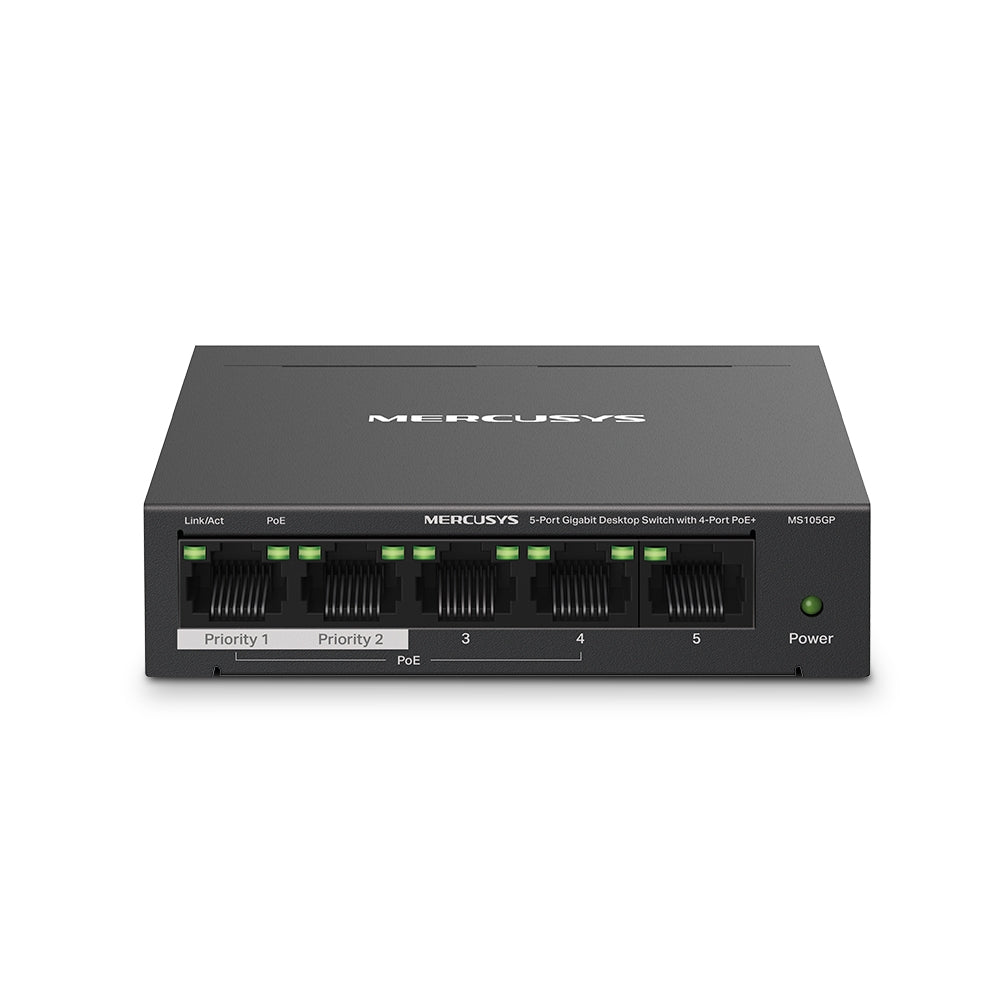 MS105GP 5-Port Gigabit Desktop Switch with 4-Port PoE+ | 65W PoE Budget, 250m Long Range, Plug & Play, IEEE 802.3af/at Compliant