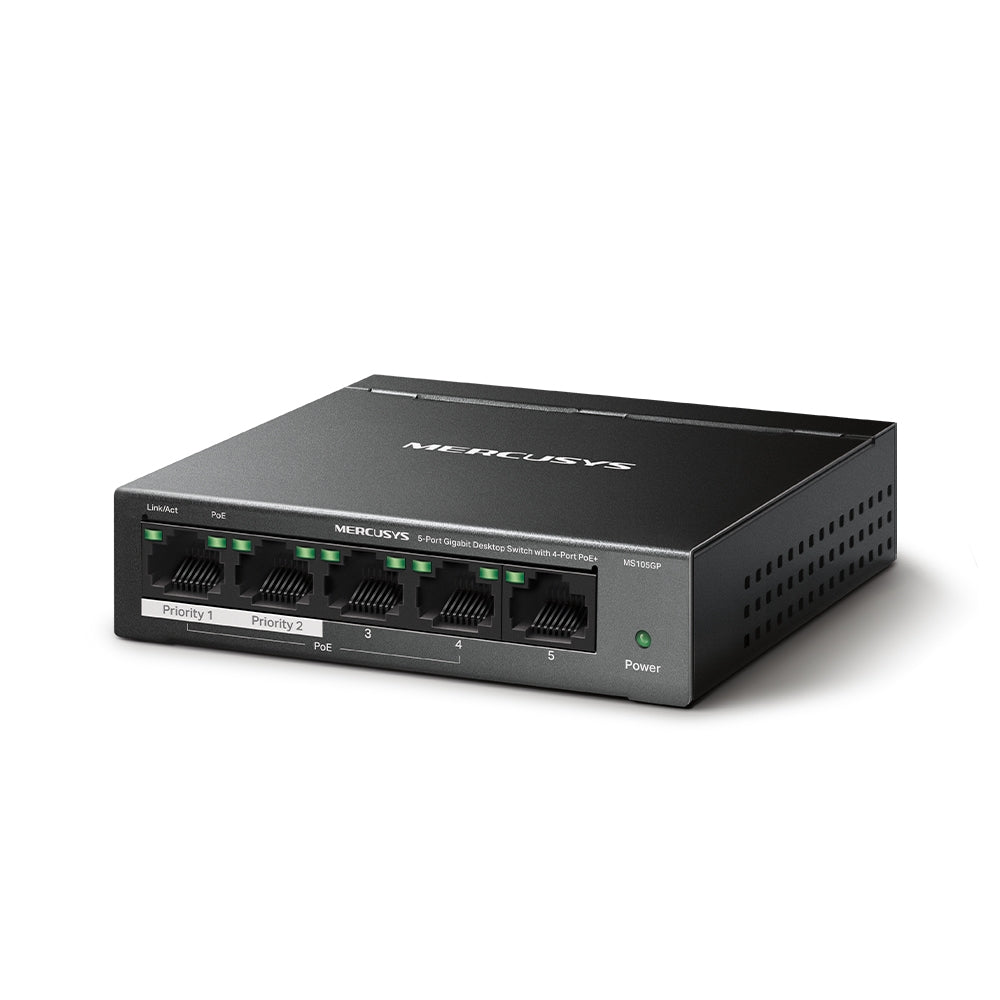 MS105GP 5-Port Gigabit Desktop Switch with 4-Port PoE+ | 65W PoE Budget, 250m Long Range, Plug & Play, IEEE 802.3af/at Compliant